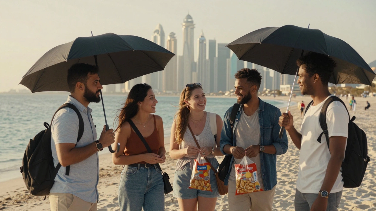 Diverse travelers and their companions enjoy a peaceful evening on Jumeirah Beach at sunset.