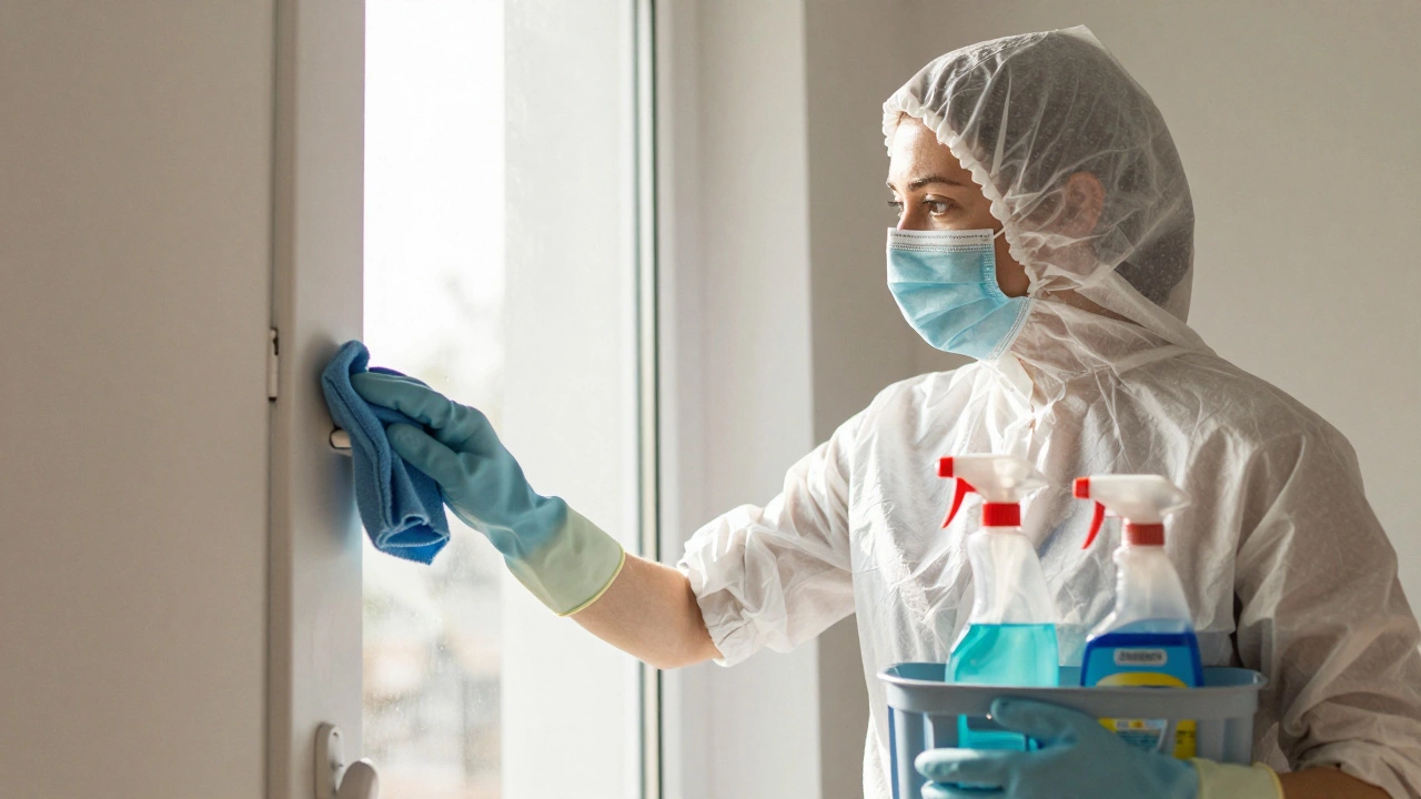 Home cleaner disinfecting a door handle with her own cleaning supplies, window open for ventilation.
