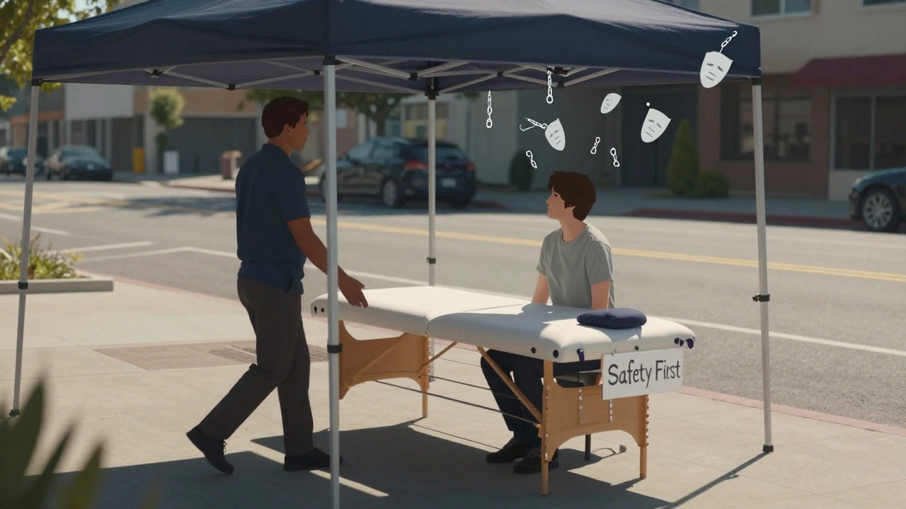 Outdoor service session under a canopy tent, provider and client safely distanced with safety sign visible.